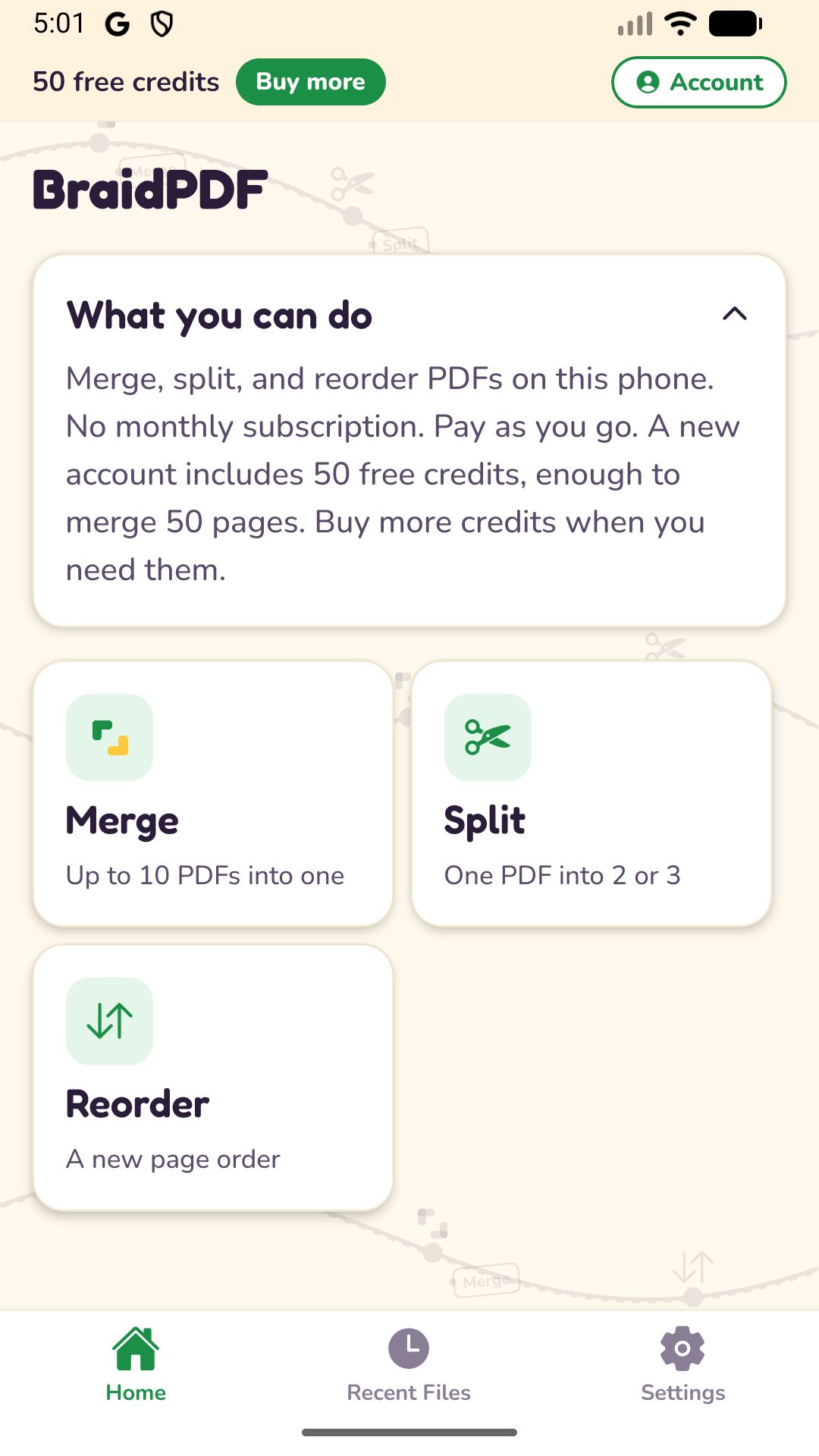 BraidPDF home on a phone: credit bar, What you can do, then Merge, Split, and Reorder